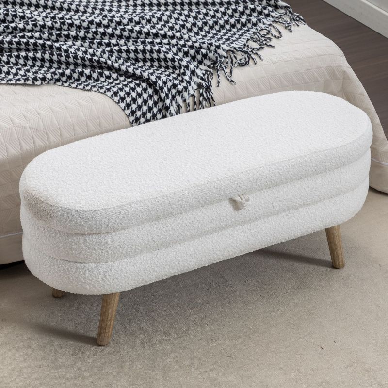 Boucle Storage Bedroom Bench,Indoor Oval Storage Bench with Solid Wood Legs-Maison Boucle, 1 of 10