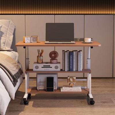 Portable Rolling Desk on Wheels Adjustable Height Mobile Computer Desk for Small Space Small Standing Desk with Storage Shelves Walnut color 60 x 40