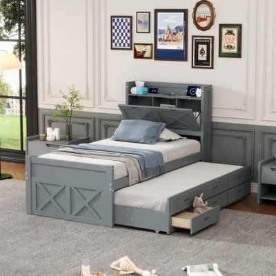 Wooden Trundle Bed with Storage Drawers,USB Charging,Space Saving Kids Furniture-Maison Boucle