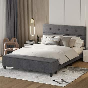 Costway Full Upholstered Bed Frame with Ottoman Storage Linen Button Tufted Headboard