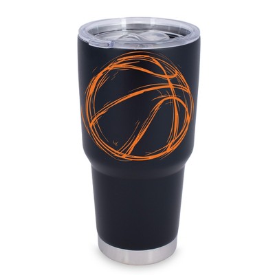 100 North 30 Ounce Stainless Steel On the Go Travel Tumbler With Push Top Lid, Basketball Sketch Black