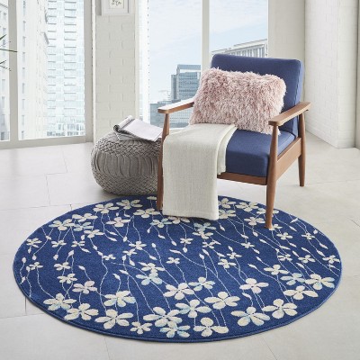 Handmade Navy Floral Viscose Round Area Rug, 63" Diameter
