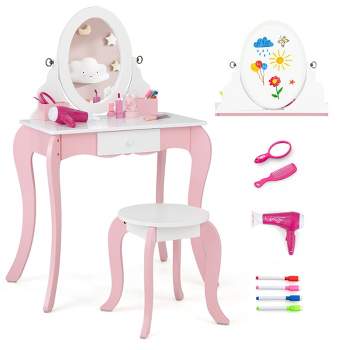 Tangkula Pretend Kids Vanity Set Makeup Dressing Table 2-in-1 Mirror & Whiteboard