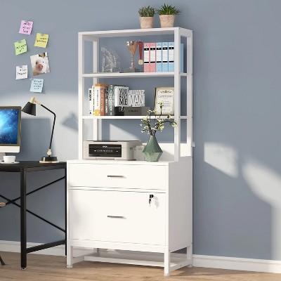 White Vertical 2 Drawer File Cabinet with Lock and Open Shelves