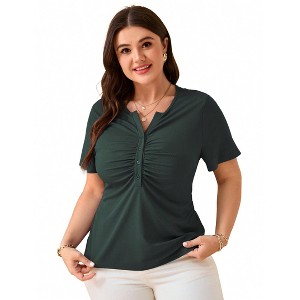 Women's Plus Size Ruched V-Neck Short Sleeve Top - Ribbed Knit Casual Blouse - 1 of 2