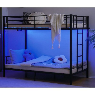 VINGLI Metal Bunk Bed Frame Twin Over Twin with LED Lights, Non-Slip Ladder, Full Length Guardrail, Charging Station