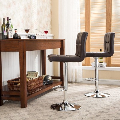 Brown Adjustable Swivel Faux Leather Bar Stools with Chrome Base, Set of 2