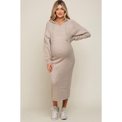 PinkBlush Beige Hooded Maternity Sweater Midi Dress
