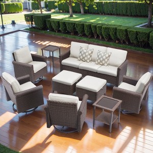 Buenhomino 9-Piece Outdoor Set – Sofa, 4 Swivel Chairs, 2 Tables & 2 Ottomans, Handwoven Wicker, Weather-Resistant Cushions - 1 of 4