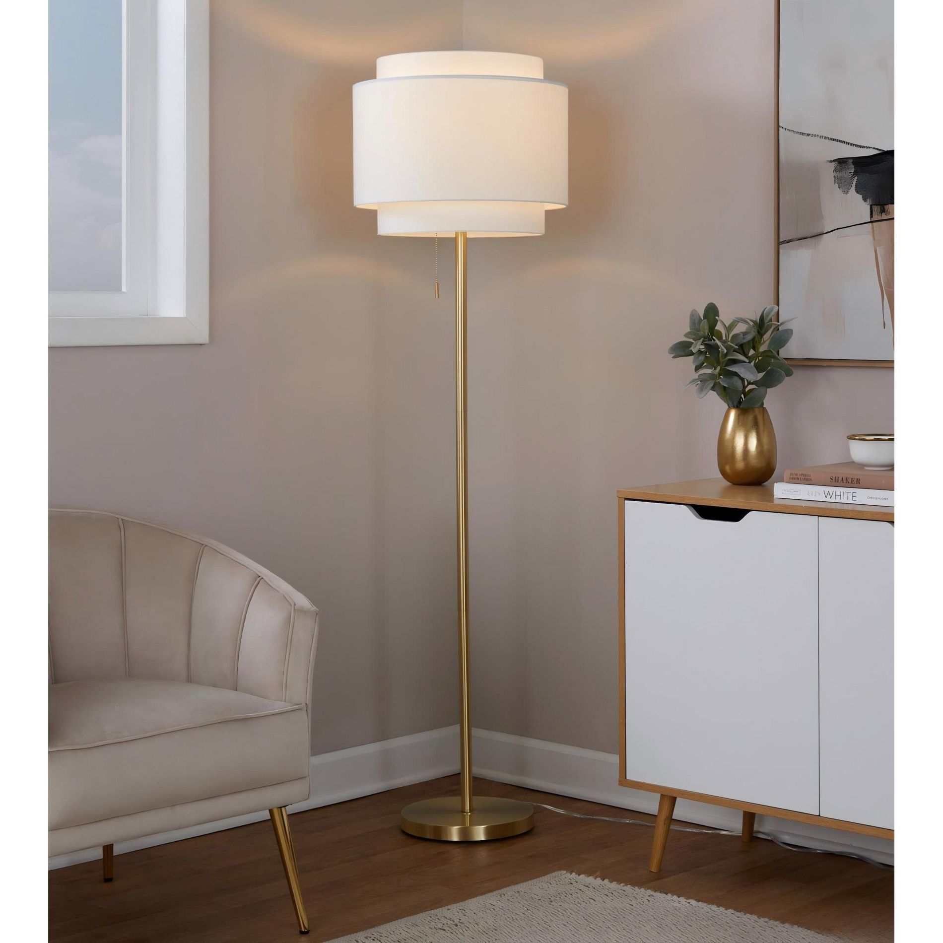 63.5" Gold Metal Floor Lamp with Off-White Linen Tiered Shade for Living Room or Office