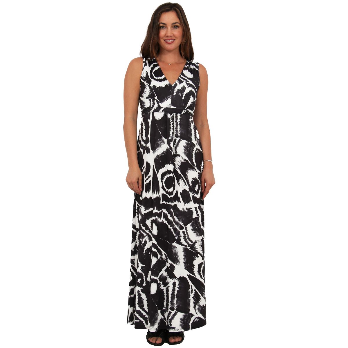 Womens Essential Abstract Print V Neck Sleeveless Tie Back Empire Waist Maxi Dress - 24seven Comfort Apparel™
