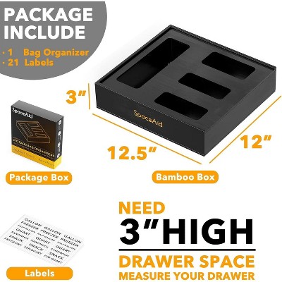 Black Bamboo Kitchen Drawer Bag Storage Organizer with 4 Slots