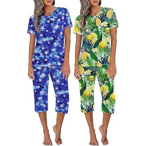 Ekouaer 2 Pack Women's Pajamas Short Sleeve Sleepwear Tops and Capri Pants Pjs - 1 of 4