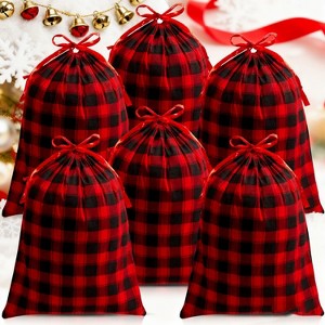 Joyfy 6 Pack Christmas Drawstring Gift Bags, 19"x14.5" Buffalo Plaid Cotton Sacks, Xmas Plaid Cloth Pouches for Holiday Wrapping & Decor (Red/Black) - 1 of 4