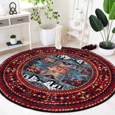 Vintage Red and Blue Round Floral Synthetic Rug
