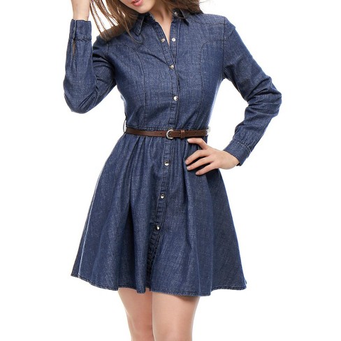 Allegra K Women's Button Down Belted Pleated Flare A-line Denim Shirt Dress  Dark Blue Small : Target