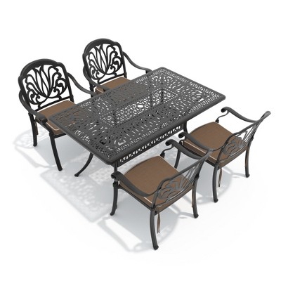 Hzzkey 5-Piece Cast Aluminum Patio Dining Set with Brown Cushions and Umbrella Hole, Black