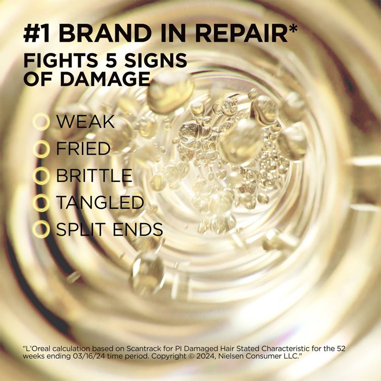 A swirling liquid with bubbles is overlaid with text stating "#1 Brand in Repair* Fights 5 Signs of Damage: Weak, Fried, Brittle, Tangled, Split Ends."
