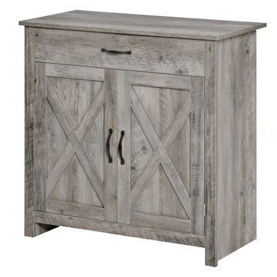 Gray Wash Rustic Farmhouse Barn Door Style Sideboard Cabinet
