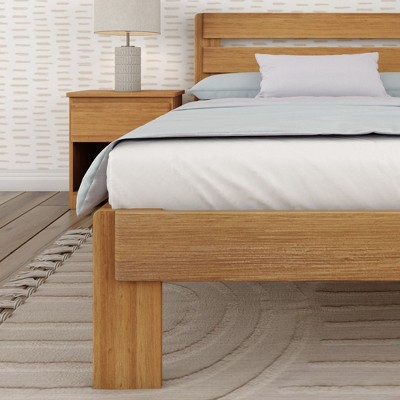 Pine Wood Queen Bed Frame with Plank Headboard in Pecan