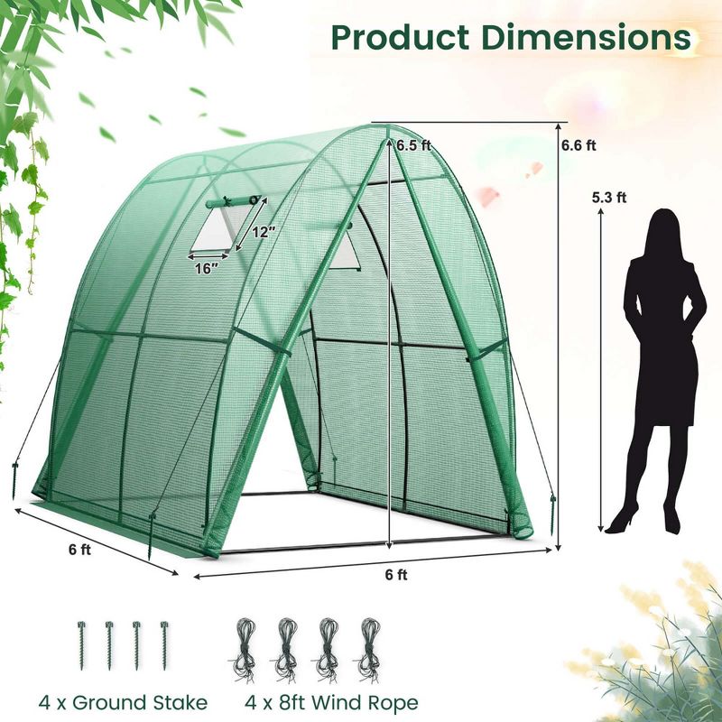 Costway Portable Greenhouse with 2 Zippered Doors 2 Roll-up Screen Windows 6 x 6 x 6.6 FT Green/White, 3 of 11