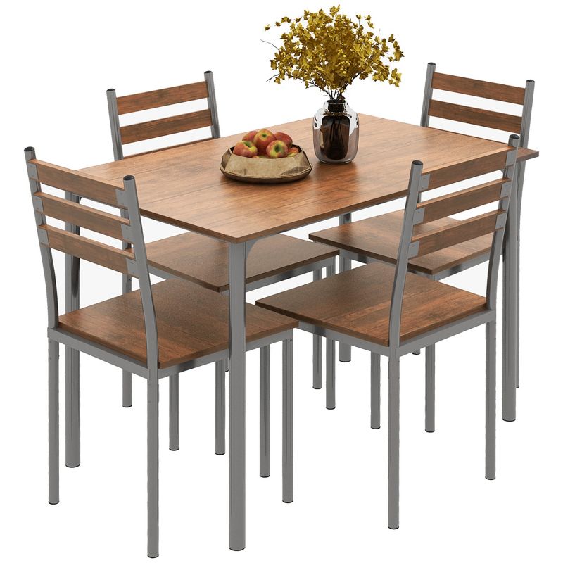 HOMCOM Modern 5-Piece Wooden Counter Dining Kitchen Table Set, 1 Table 4 Chairs Metal Legs, Suitable For Outdoors, 1 of 7