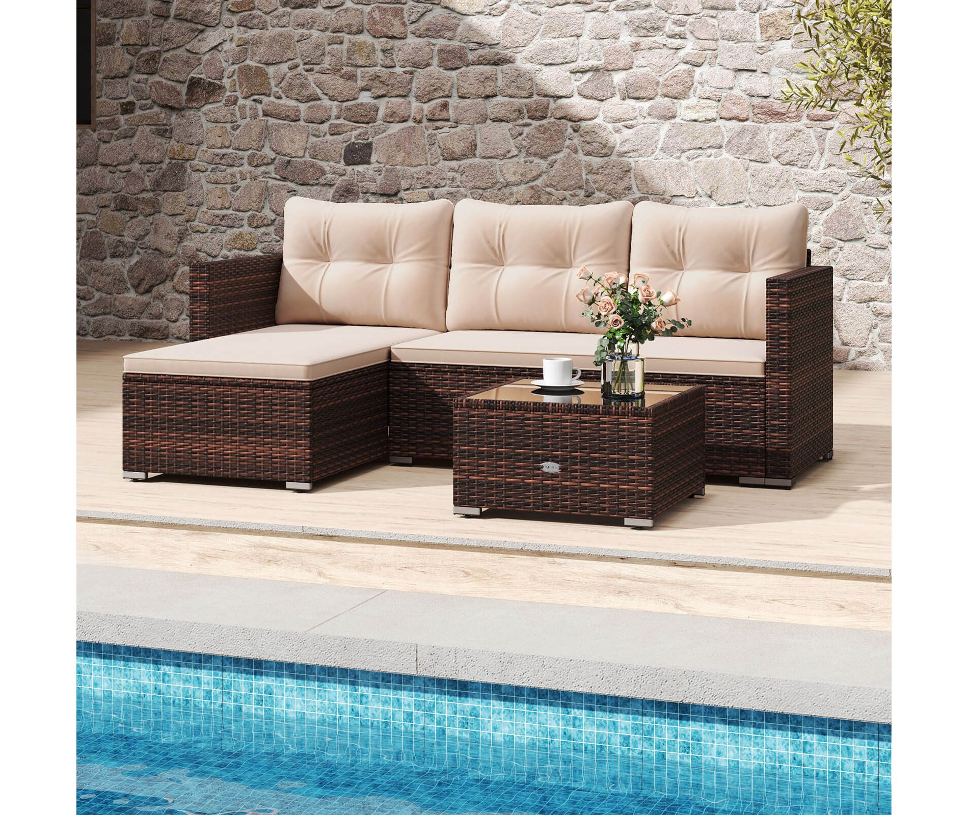 Costway 4 Seats Outdoor Wicker Furniture Set with Tempered Glass Coffee Table & Soft Cushions