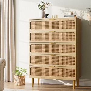 Cocuehta Rattan 5 Drawer Dressers for Bedroom, Large Chest of Drawers for Closet with Wide Top, Tall Dresser with Deep Drawers, Long Wooden Dresser - 1 of 4