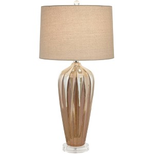 Possini Euro Design Loren Modern Mid Century Table Lamp 28 1/4" Tall Ivory Drip Glaze Ceramic Fabric Drum Shade for Bedroom Living Room Bedside House - 1 of 4