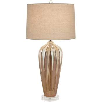 Possini Euro Design Loren Modern Mid Century Table Lamp 28 1/4" Tall Ivory Drip Glaze Ceramic Fabric Drum Shade for Bedroom Living Room Bedside House
