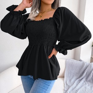 MISSKY Women's Casual Square Neck Shirred Lantern Long Sleeve Frill Trim Flared Hem Blouse Shirt Top - 1 of 4