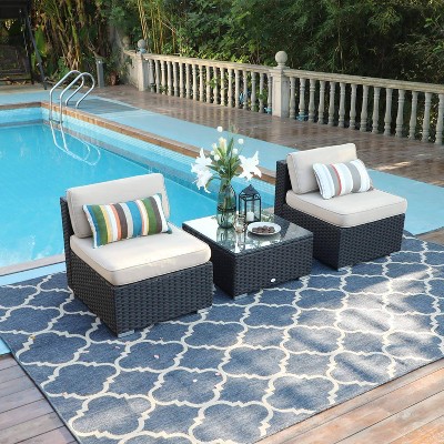 3pc Patio Rattan Sectional with Tea Table - Beige - Captiva Designs