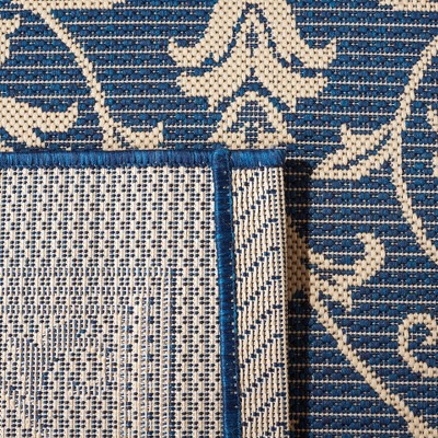 Navy and Beige Synthetic Square Easy-Care Outdoor Rug, 6'7" x 6'7"