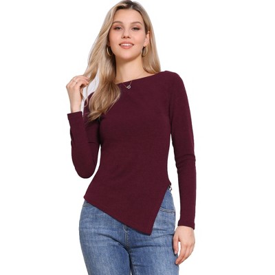INSPIRE CHIC Women's Long Sleeve Boat Neck Irregular Casual Knit Sweater