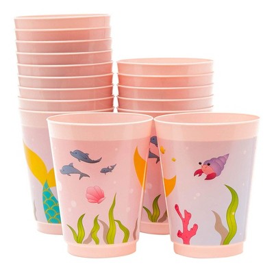 Blue Panda 16-Pack 16 oz Pink Mermaid Marine Disposable Plastic Cups Kids Party Supplies