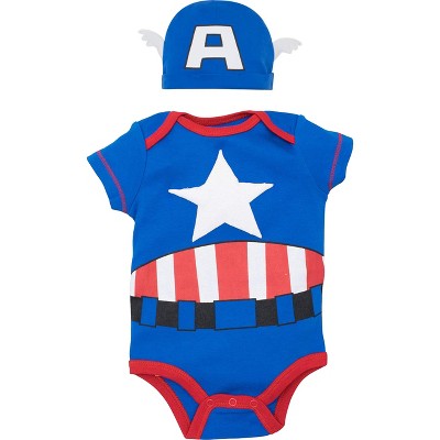 Marvel Avengers Captain America Baby Cosplay Bodysuit and Hat Set Newborn to Infant 
