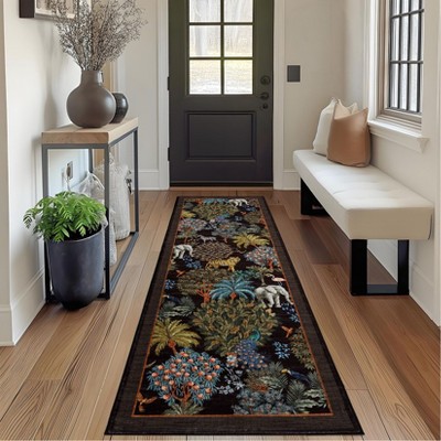 Washable Floral Animal Jungle Rug Non Slip Low Pile Rug Soft Throw Floor Cover Foldable Indoor Carpet for Living Room Bedroom Playroom Nursery