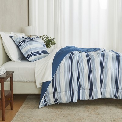 King Size Blue Gradient Stripe Reversible Microfiber Comforter Set