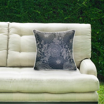 Navy and White Embroidered Floral Square Throw Pillow