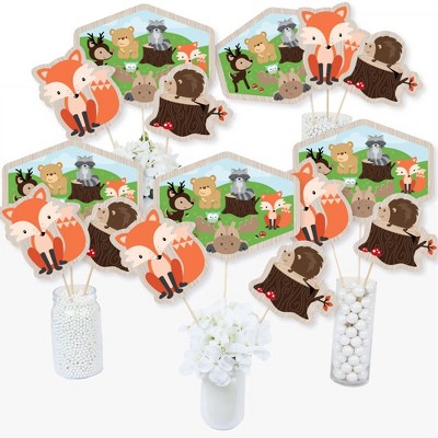 Big Dot of Happiness Woodland Creatures - Baby Shower or Birthday Party Centerpiece Sticks - Table Toppers - Set of 15