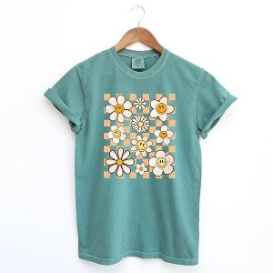 Simply Sage Market Women's Checkered Smiley Face Flowers Short Sleeve Garment Dyed Tee - 1 of 2