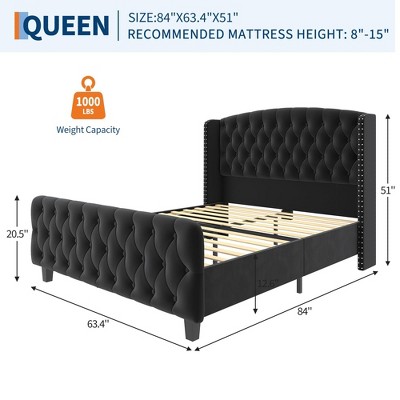 Bed Frame with Deep Button Tufted Wingback Headboard and Footboard, Velvet Upholstered Platform Frame, No Box Spring, Easy Assembly