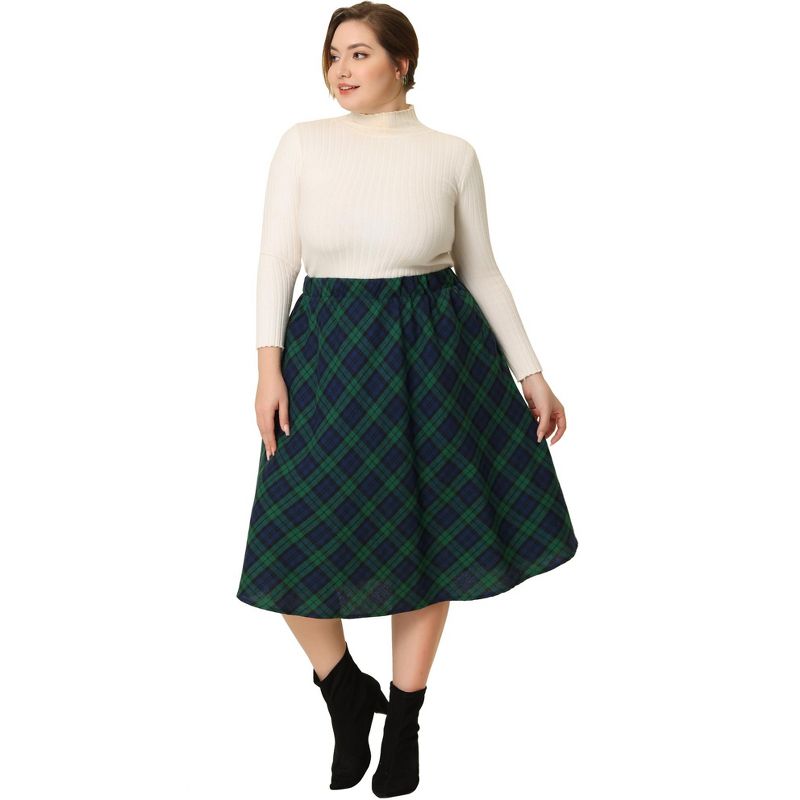 Agnes Orinda Women's Plus Size Velvet Plaid Elastic Waist Flare Fall A Line Skirts, 3 of 6