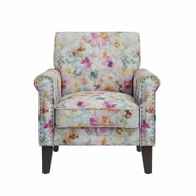 Pastel Pink Floral Rolled Arm Accent Chair with Nailhead Trim