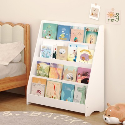 4 Tier Kids Bookshelf, Baby Toddler Wooden Book Shelf, Toy Storage Bookshelf, Stable Modern Book Case For Bedroom Living Room Nursery Playroom