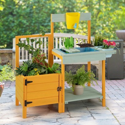 Yellow and Blue Fir Wood Kids Outdoor Potting Bench with Accessories