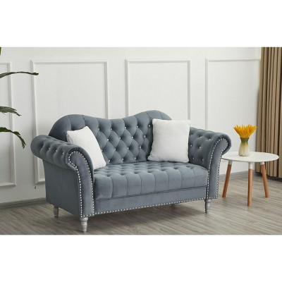 Velvet Rolled Arm Chesterfield Loveseat Sofa with Two Pillow,Tufted for Office Home