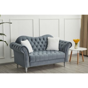 Velvet Rolled Arm Chesterfield Loveseat Sofa with Two Pillow,Tufted for Office Home - 1 of 4