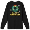 Pac-Man Happy Holidays Crew Neck Long Sleeve Black Adult Tee - 2 of 4