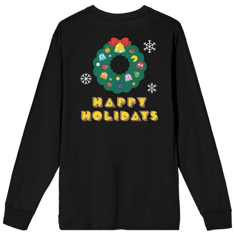 Pac-Man Happy Holidays Crew Neck Long Sleeve Black Adult Tee-Small, 2 of 5